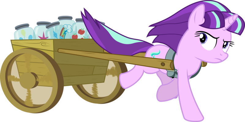 Size: 6000x2988 | Tagged: safe, artist:concordisparate, derpibooru import, starlight glimmer, pony, unicorn, the cutie map, applejack's cutie mark, cart, cutie mark, female, frown, glare, jar, looking back, mare, pinkie pie's cutie mark, rainbow dash's cutie mark, rarity's cutie mark, running, simple background, solo, stolen cutie marks, transparent background, twilight's cutie mark, vector, windswept mane