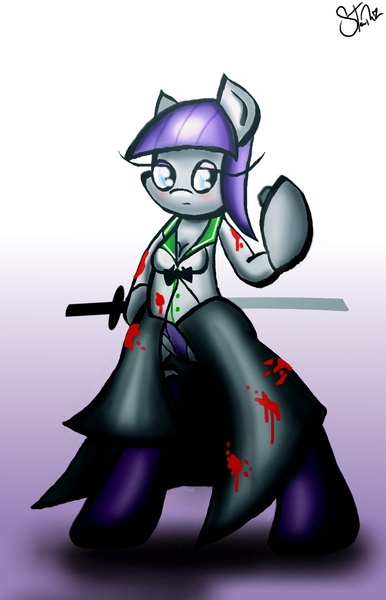 Size: 900x1400 | Tagged: artist:lennonblack, blood, boulder (pet), clothes, cosplay, costume, derpibooru import, high school of the dead, katana, maud pie, saeko busujima, solo, suggestive, sword, weapon