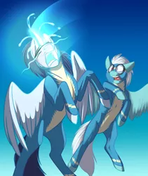 Size: 700x828 | Tagged: safe, artist:foxenawolf, derpibooru import, fleetfoot, soarin', pony, fanfic:piercing the heavens, clothes, fake horn, fanfic art, flying, glowing horn, horn, magic, uniform, wonderbolts, wonderbolts uniform