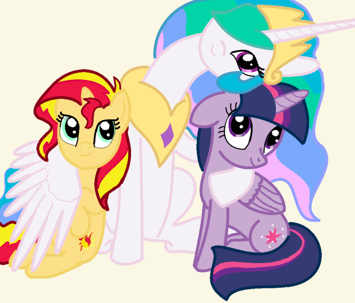 Size: 1005x858 | Tagged: safe, artist:kracatuluc, derpibooru import, princess celestia, sunset shimmer, twilight sparkle, twilight sparkle (alicorn), alicorn, pony, unicorn, hug, winghug