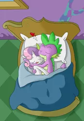 Size: 1536x2224 | Tagged: artist needed, source needed, suggestive, derpibooru import, spike, sweetie belle, bed, cuddling, female, hug, male, shipping, snuggling, spike's bed, spike's room, spikebelle, straight