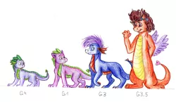 Size: 2069x1203 | Tagged: all fours, artist:animagicworld, derpibooru import, dragon, g1, g3, g3.5, generational ponidox, master kenbroath gilspotten heathspike, quadrupedal spike, safe, size chart, size comparison, spike, spike (g1), whimsey weatherbe