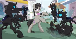 Size: 3888x2000 | Tagged: safe, artist:corsairsedge, derpibooru import, octavia melody, changeling, pony, once upon a time in canterlot, backwards cutie mark, bipedal, bow (instrument), canterlot, fight, violin bow