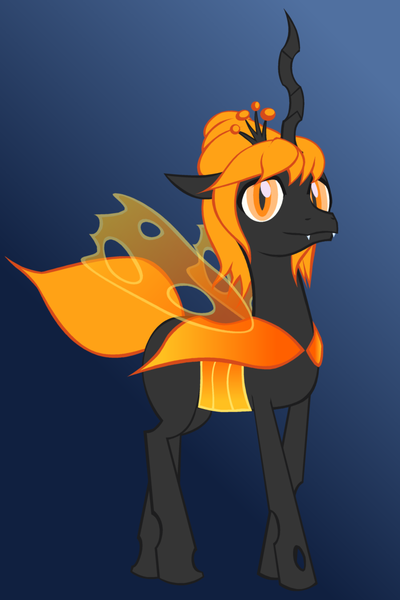 Size: 700x1050 | Tagged: artist:fibs, bee, beehive hairdo, bee wings, blue background, changeling, changeling queen, changeling queen oc, derpibooru import, female, food, horn, insect, oc, oc:ambrosia (lucky shot), orange, orange changeling, safe, simple background, solo, unofficial characters only