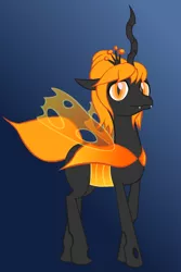 Size: 700x1050 | Tagged: artist:fibs, bee, beehive hairdo, bee wings, blue background, changeling, changeling queen, changeling queen oc, derpibooru import, female, food, horn, insect, oc, oc:ambrosia (lucky shot), orange, orange changeling, safe, simple background, solo, unofficial characters only