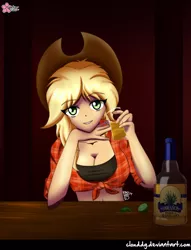 Size: 686x900 | Tagged: alcohol, applejack, applejack's hat, artist:clouddg, belly button, breasts, busty applejack, cleavage, cowboy hat, derpibooru import, female, food, freckles, front knot midriff, glass, hat, human, humanized, lime, midriff, solo, stetson, suggestive, tequila, the lad-ette