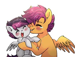 Size: 1024x768 | Tagged: safe, artist:kianamai, derpibooru import, scootaloo, oc, oc:echo (kilala), kilalaverse, feels, female, hug, mama scoots, mother and child, mother and daughter, next generation, offspring, parent:rumble, parent:scootaloo, parents:rumbloo, scootaloo can't fly, story included