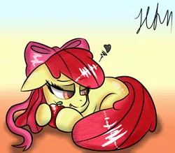 Size: 1600x1400 | Tagged: apple, apple bloom, apple bloom's bow, artist:hanzel2, bow, derpibooru import, food, gradient background, hair bow, heart, looking back, prone, safe, solo