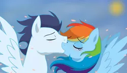 Size: 1024x593 | Tagged: safe, artist:pimpartist101, derpibooru import, rainbow dash, soarin', pony, blushing, female, kissing, male, shipping, soarindash, straight, sun