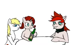 Size: 500x300 | Tagged: 8chan, alcohol, artist:anonymous, blanket, clothes, derpibooru import, frown, nazi, oc, oc:aryanne, oc:red pone (8chan), oc:ruby (8chan), orson welles, /pone/, safe, scarf, squint, table, unofficial characters only, wine, wine bottle, wondering