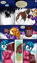 Size: 1500x2500 | Tagged: safe, artist:queentigrel, derpibooru import, adagio dazzle, sonata dusk, dog, equestria girls, a dazzling winter, alcohol, brandy (drink), comic