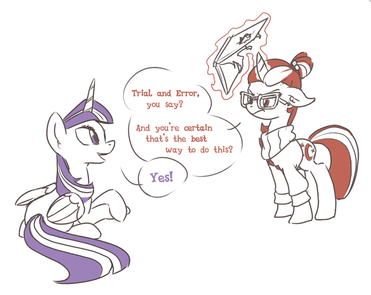 Size: 1063x847 | Tagged: safe, artist:inlucidreverie, derpibooru import, moondancer, twilight sparkle, twilight sparkle (alicorn), alicorn, pony, female, magic, mare, sketch, speech bubble