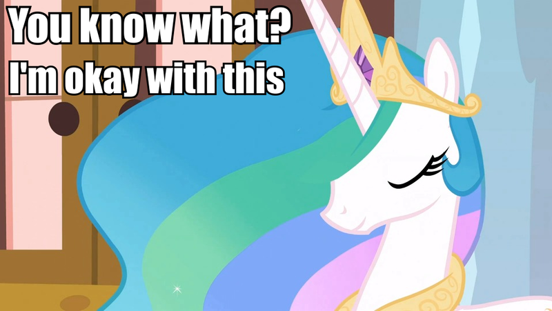 Size: 958x540 | Tagged: caption, content celestia, derpibooru import, edit, edited screencap, image macro, i'm okay with this, meme, princess celestia, safe, screencap, solo, text