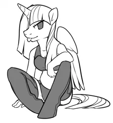 Size: 1172x1280 | Tagged: safe, artist:kilo, derpibooru import, twilight sparkle, twilight sparkle (alicorn), alicorn, anthro, unguligrade anthro, bra, clothes, crop top bra, grayscale, monochrome, solo, stockings, thigh highs, tongue out, underwear