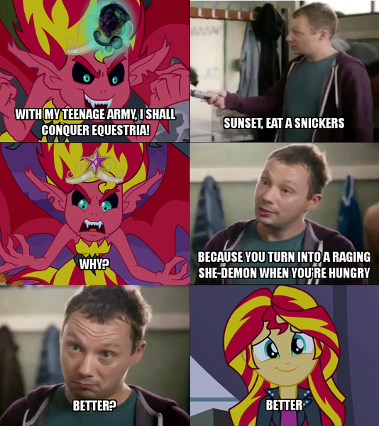 Size: 640x719 | Tagged: safe, derpibooru import, edit, edited screencap, screencap, sunset shimmer, human, equestria girls, rainbow rocks, caption, comic, image macro, meme, snickers, sunset satan, text, you're not you when you're hungry