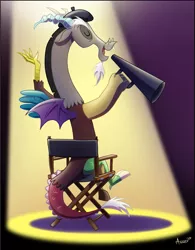 Size: 1225x1572 | Tagged: artist:agnesgarbowska, beret, chair, derpibooru import, director, director's chair, discord, hat, megaphone, safe, solo