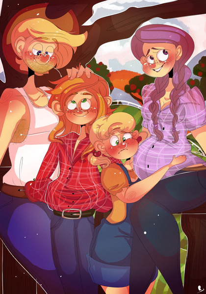 Size: 2000x2857 | Tagged: applejack, applejack's parents, artist:mili-kat, big macintosh, clothes, derpibooru import, family photo, human, humanized, implied apple bloom, pregnant, safe, younger