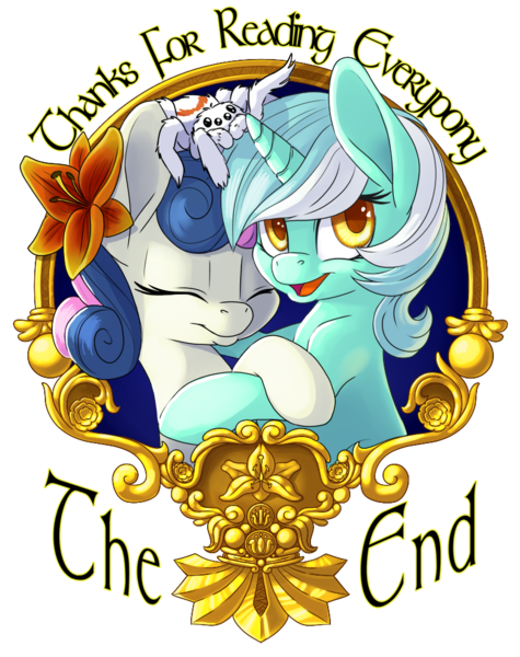 Size: 791x1000 | Tagged: safe, artist:pusspuss, derpibooru import, bon bon, lyra heartstrings, sweetie drops, oc, oc:scary, spider, bon bon's acceptance, eyes closed, fanfic art, female, flower, flower in hair, lesbian, lyrabon, open mouth, shipping, smiling