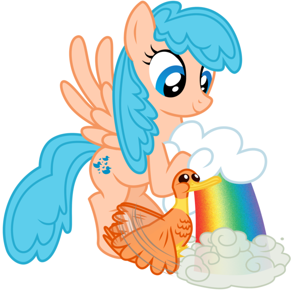 Size: 3000x3000 | Tagged: safe, artist:sunley, derpibooru import, duck soup, sprinkles (g1), bird, duck, pegasus, pony, cloud, duo, female, g1, g1 to g4, g4, generation leap, mare, rainbow, simple background, solo, transparent background