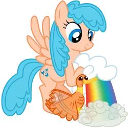 Size: 3000x3000 | Tagged: safe, artist:sunley, derpibooru import, duck soup, sprinkles (g1), bird, duck, pegasus, pony, cloud, duo, female, g1, g1 to g4, g4, generation leap, mare, rainbow, simple background, solo, transparent background