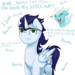 Size: 480x480 | Tagged: safe, artist:chiweee, derpibooru import, fleetfoot, soarin', pony, fanfic:piercing the heavens, backwards cutie mark, fake horn, fanfic art, laughing, unamused