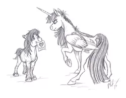 Size: 1072x834 | Tagged: alicorn, artist:carnivorouscaribou, cute, derpibooru import, eye contact, fluffy, looking at each other, messy mane, monochrome, mouth hold, oc, oc:fausticorn, oc:rough sketch (carnivorouscaribou), raised hoof, safe, sketch, smiling, traditional art, underhoof, unofficial characters only, unshorn fetlocks