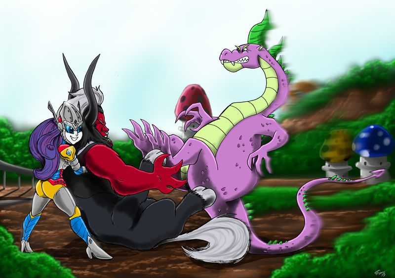 Size: 5071x3564 | Tagged: artist:kaijukid, artist:kingshisa08, derpibooru import, godzilla (series), godzilla vs. megalon, greed spike, jet jaguar, lord tirek, older, older spike, parody, rarity, safe, spike, spikezilla