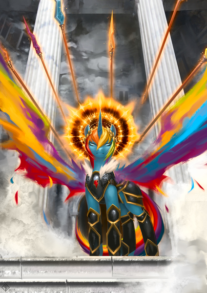 Size: 1240x1754 | Tagged: safe, artist:eosphorite, derpibooru import, rainbow dash, alicorn, pony, 20% cooler, alicornified, armor, badass, cloud, cloudy, colored wings, element of loyalty, epic, halo, multicolored wings, race swap, rainbow wings, rainbowcorn, spear, weapon, wings