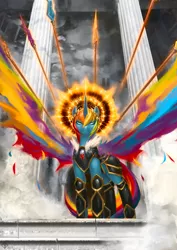 Size: 1240x1754 | Tagged: safe, artist:eosphorite, derpibooru import, rainbow dash, alicorn, pony, 20% cooler, alicornified, armor, badass, cloud, cloudy, colored wings, element of loyalty, epic, halo, multicolored wings, race swap, rainbowcorn, rainbow wings, spear, weapon, wings