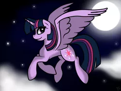 Size: 1024x768 | Tagged: safe, artist:pinkamenascratch, derpibooru import, twilight sparkle, twilight sparkle (alicorn), alicorn, pony, female, flying, mare, moon, night, solo