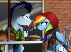 Size: 1512x1112 | Tagged: safe, artist:supermare, derpibooru import, rainbow dash, soarin', pony, beanie, chair, clothes, crossover, delsin rowe, food, hat, infamous, infamous second son, pie, sitting, table, that pony sure does love pies