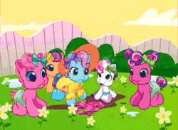 Size: 655x480 | Tagged: animated, bow, bubble, cheerilee (g3), clothes, derpibooru import, diaper, flower, g3.5, hair bow, hat, magic, newborn cuties, once upon a my little pony time, over two rainbows, pinkie pie (g3), rainbow dash (g3), safe, scarf, scootaloo (g3), screencap, sweetie belle (g3)