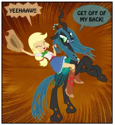 Size: 927x1007 | Tagged: safe, artist:ponymaan, derpibooru import, applejack, queen chrysalis, changeling, changeling queen, comic:lyra-lyra's bizarre adventure, equestria girls, angry, cropped, duo, female, hair pulling, humans riding changelings, rearing, red background, riding, rodeo, simple background