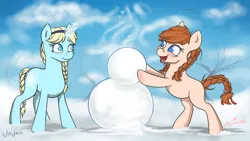 Size: 1920x1080 | Tagged: safe, artist:unume, derpibooru import, ponified, pony, anna, disney, elsa, frozen (movie), magic, snow, snowman