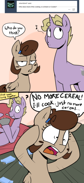 Size: 750x1616 | Tagged: artist:strangerdanger, askcookieandbrann, cereal, comic, derpibooru import, eating, flashback, food, oc, oc:brann flakes, oc:cookie dough, oc:cookie dough (trottingham), safe, stir crazy, unofficial characters only