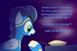 Size: 1040x695 | Tagged: safe, artist:mj-mysteriousjeff, derpibooru import, soarin', pony, :o, bribery, clothes, cute, food, open mouth, pie, solo, that pony sure does love pies, uniform, wide eyes, wonderbolts uniform