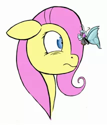 Size: 2457x2871 | Tagged: safe, artist:greenfinger, derpibooru import, fluttershy, oc, oc:turing test, butterfly, pegasus, pony, robot, fanfic:the iron horse: everything's better with robots, bust, context is for the weak, floppy ears, frown, simple background, stare, white background, wide eyes
