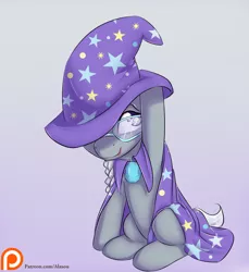 Size: 1100x1200 | Tagged: safe, artist:alasou, deleted from derpibooru, derpibooru import, silver spoon, earth pony, pony, accessory theft, cape, clothes, cute, female, filly, glasses, hat, patreon, patreon logo, silverbetes, solo, trixie's cape, trixie's hat
