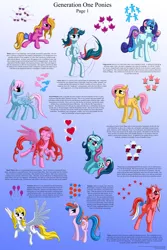 Size: 3500x5250 | Tagged: safe, artist:starbat, derpibooru import, buttons (g1), fizzy, galaxy (g1), gingerbread, gusty, heart throb, posey, shady, surprise, wind whistler, earth pony, pegasus, pony, twinkle eyed pony, unicorn, blue background, bow, cutie mark, g1, g1 to g4, generation leap, gradient background, simple background, tail bow, text