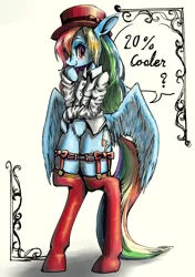 Size: 2039x2894 | Tagged: safe, artist:unousaya, derpibooru import, rainbow dash, pegasus, pony, semi-anthro, 20% cooler, abstract background, bipedal, bottomless, clothes, female, hat, looking at you, mare, partial nudity, rainbow dash always dresses in style, shirt, simple background, socks, solo, speech bubble, stockings, thigh highs