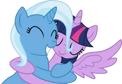 Size: 5132x3558 | Tagged: safe, artist:lunarina, derpibooru import, trixie, twilight sparkle, twilight sparkle (alicorn), alicorn, pony, female, hug, lesbian, mare, shipping, smiling, twixie