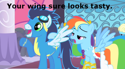 Size: 500x276 | Tagged: safe, derpibooru import, edit, edited screencap, screencap, rainbow dash, soarin', pony, caption, image macro, implied shipping, implied soarindash, implied straight, meme, open mouth, tasty, text