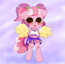 Size: 2039x2003 | Tagged: suggestive, artist:monon0, derpibooru import, cheerilee, cheerilee (g3), pony, bipedal, blushing, bottomless, cheerileeder, cheerleader, clothes, g3.5, midriff, partial nudity, pixiv, skirt, solo, upskirt