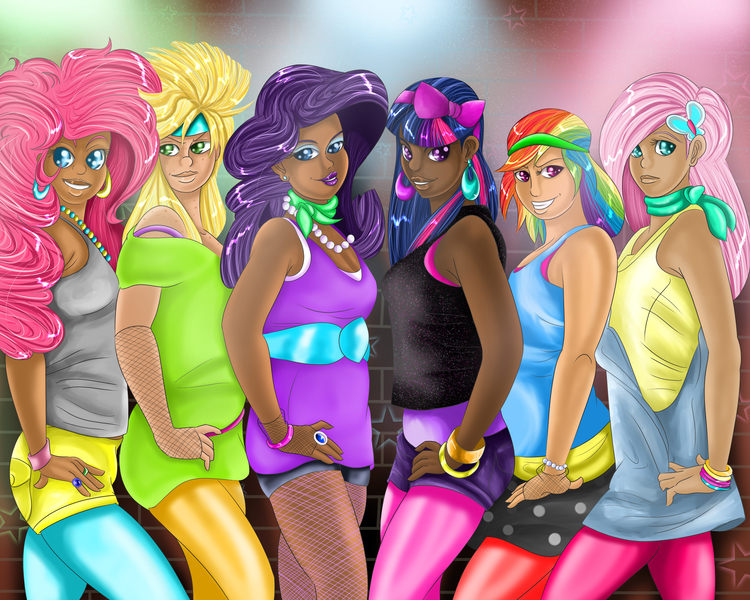 Size: 3022x2417 | Tagged: 80's fashion, applejack, artist:sonson-sensei, dark skin, derpibooru import, diversity, ear piercing, earring, fluttershy, headcanon, human, humanized, jewelry, mane six, piercing, pinkie pie, rainbow dash, rarity, safe, twilight sparkle