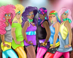 Size: 3022x2417 | Tagged: 80's fashion, applejack, artist:sonson-sensei, dark skin, derpibooru import, diversity, ear piercing, earring, fluttershy, headcanon, human, humanized, jewelry, mane six, piercing, pinkie pie, rainbow dash, rarity, safe, twilight sparkle