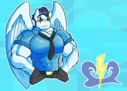 Size: 1280x920 | Tagged: anthro, artist:dens-dirt, clothes, derpibooru import, fetish, muscle fetish, muscles, safe, soarin', soaripped, solo, sunglasses, swolin', tight clothing, uniform