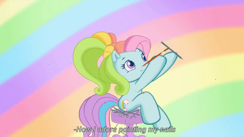 Size: 1280x720 | Tagged: derpibooru import, edit, edited screencap, g3.5, humor, lyrics, nails, paintbrush, rainbow dash, safe, screencap, solo, song, text, that's what makes a friend, twinkle wish adventure