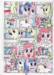 Size: 2508x3461 | Tagged: safe, artist:40kponyguy, derpibooru import, lyra heartstrings, pinkie pie, princess celestia, rainbow dash, twilight sparkle, twilight sparkle (alicorn), alicorn, pony, 40kponyguy's the staff of aurelian, comic, female, mare, traditional art