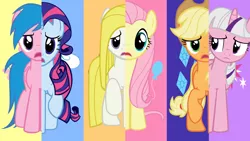 Size: 1600x900 | Tagged: safe, artist:blah23z, derpibooru import, edit, applejack, applejack (g1), firefly, fluttershy, pinkie pie, posey, rainbow dash, rarity, sparkler (g1), surprise, twilight sparkle, pony, magical mystery cure, female, g1, g1 six, g1 to g4, g4, generation leap, mane six, mare, recolor, surprisamena, what my cutie mark is telling me