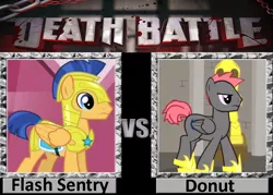 Size: 900x643 | Tagged: armor, death battle, derpibooru import, dusk's dawn, exploitable meme, flash sentry, meme, oc, oc:donut, royal guard, safe